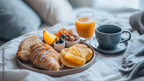 Breakfast in Bed with Croissants and Juice