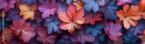 A colorful arrangement of leaves in various shades of red, orange, and blue, creating a visually striking natural pattern.