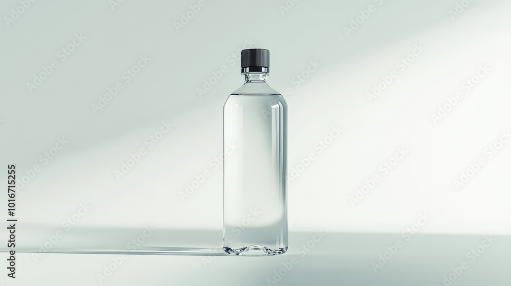 A minimalist photo of a clear water bottle with a black cap, casting a shadow on a light background, symbolizing purity and refreshment. A minimalist photo of a clear water bottle with a black cap, casting a shadow on a light background, symbolizing purity and refreshment.