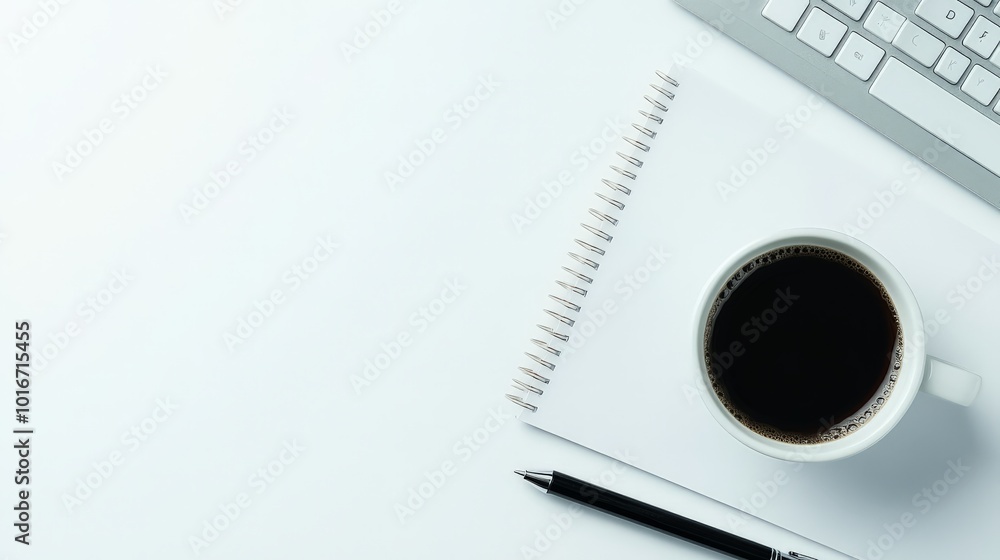 A minimalist workspace featuring a notebook, black pen, coffee cup, and keyboard on a white desk, perfect for productivity and focus. A minimalist workspace featuring a notebook, black pen, coffee cup, and keyboard on a white desk, perfect for productivity and focus.