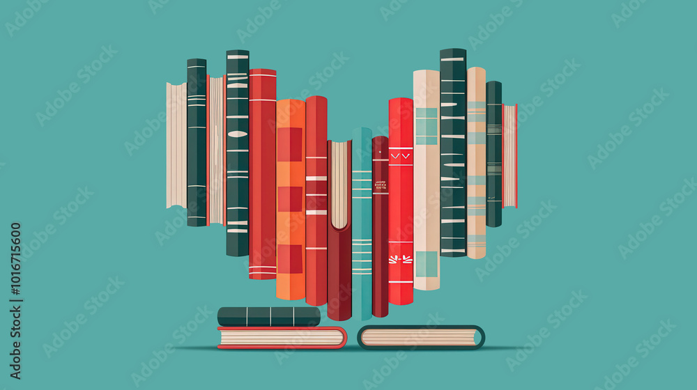 Heart-shaped arrangement of books, flat design illustration featuring vibrant colors, inviting composition with ample copy space for text or messaging, perfect for literary themes. Heart-shaped arrangement of books, flat design illustration featuring vibrant colors, inviting composition with ample copy space for text or messaging, perfect for literary themes.