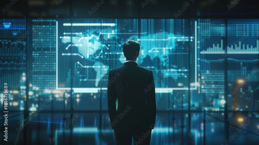 A successful business leader standing in front of a digital screen showcasing their company's global success, with charts and graphs illustrating growth. A successful business leader standing in front of a digital screen showcasing their company's global success, with charts and graphs illustrating growth.