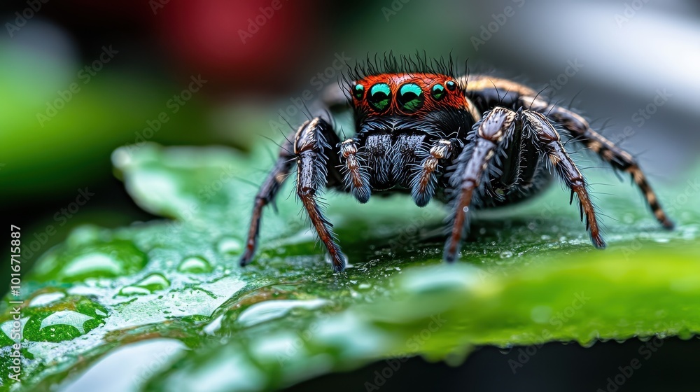 A vivid macro shot displays a colorful spider perched on a dew-covered green leaf, showcasing its intricate details and bright markings, capturing nature's beauty. A vivid macro shot displays a colorful spider perched on a dew-covered green leaf, showcasing its intricate details and bright markings, capturing nature's beauty.
