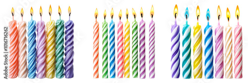 Colorful spiral birthday candles isolated on transparent background PNG for party invitations or festive celebration decorations photo