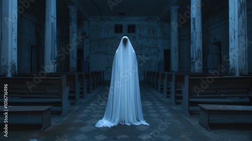 Ethereal Ghostly Presence in Abandoned Church at Night, haunting atmosphere, flickering candlelight, shadows dancing on crumbling walls, an unsettling yet captivating scene. photo