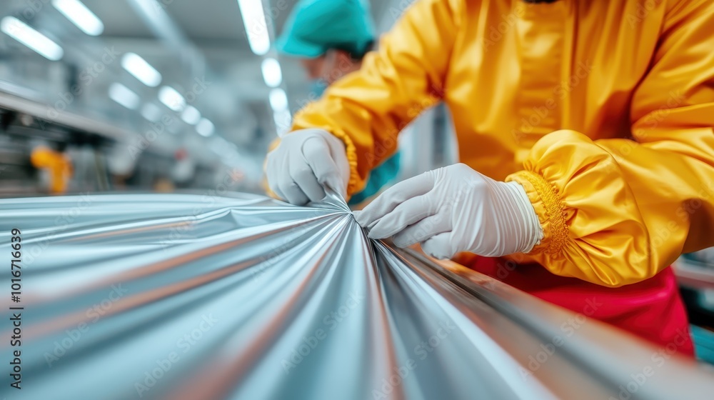 Obraz premium A factory worker in a yellow uniform and gloves carefully deals with metallic material, highlighting specialized skills and precision in modern production process.