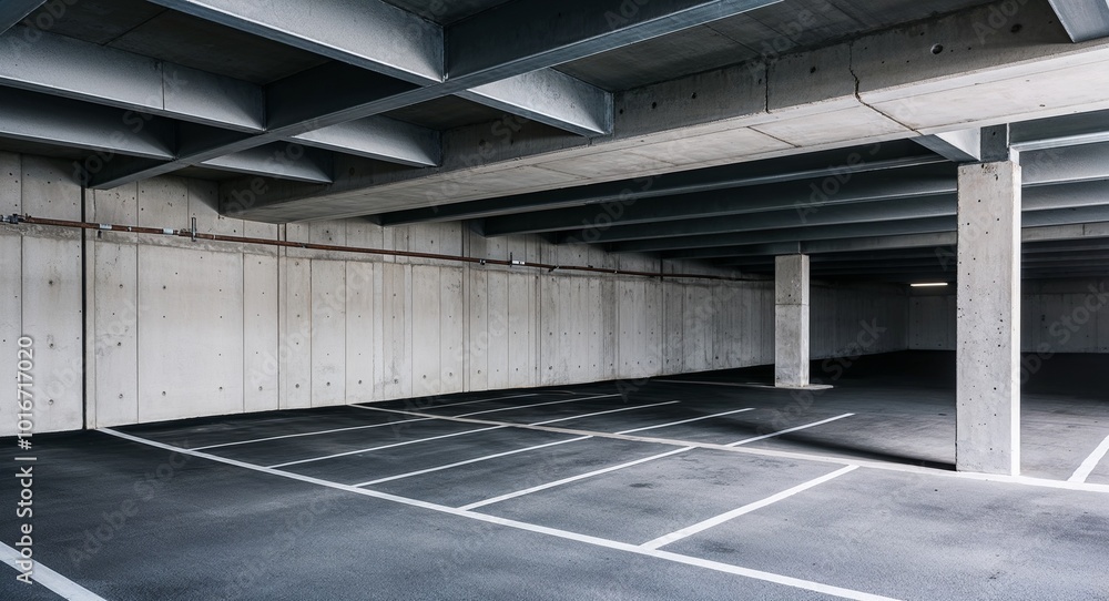 Obraz premium Empty parking garage with concrete walls and steel beams