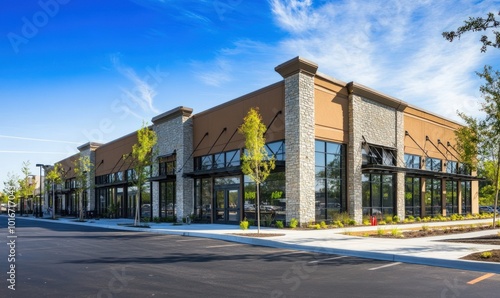 Modern commercial building with storefront windows and parking lot.