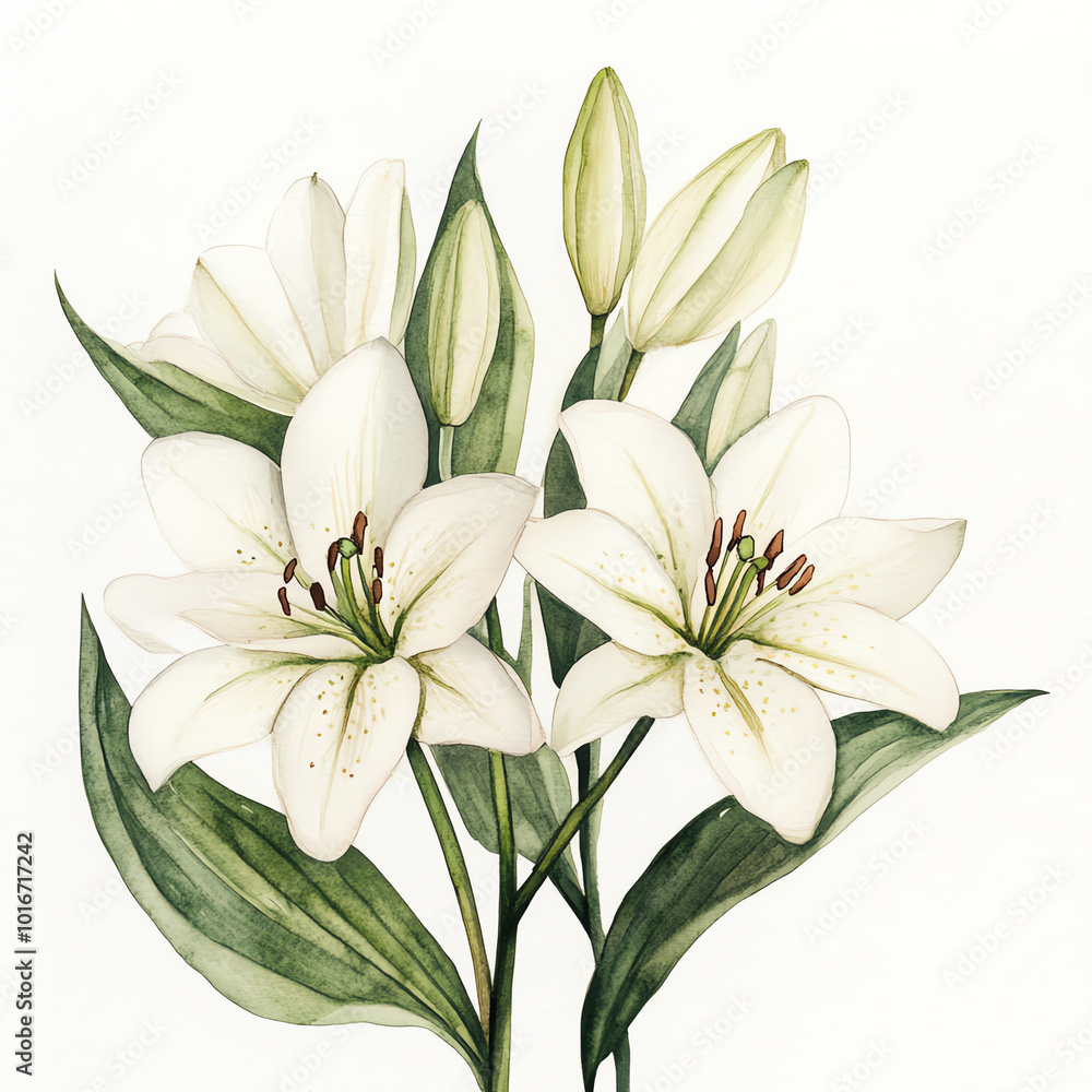 Fototapeta premium A beautiful bouquet of white lilies, showcasing delicate petals and lush green leaves, perfect for floral decoration and design.