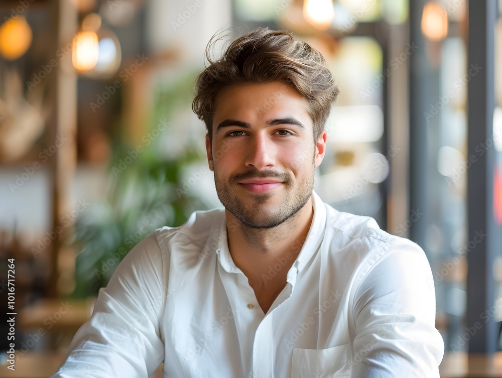 Handsome Man with Casual Shirt Sitting in Sunlit Caf Friendly Portrait Concept with Copy Space Handsome Man with Casual Shirt Sitting in Sunlit Caf Friendly Portrait Concept with Copy Space