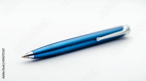 A sleek blue pen lies diagonally on a white surface. The focus is sharp, highlighting its modern design and metallic clip.