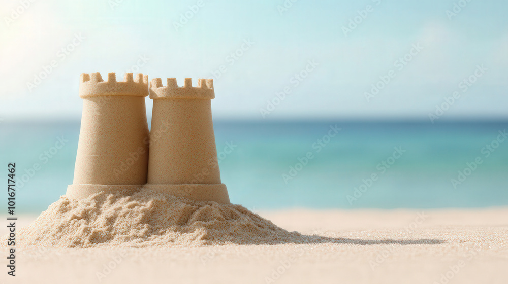 Sunny beach scene featuring a detailed sandcastle, golden grains glistening under the sun, with ample space for text, inviting creativity and inspiration. Sunny beach scene featuring a detailed sandcastle, golden grains glistening under the sun, with ample space for text, inviting creativity and inspiration.