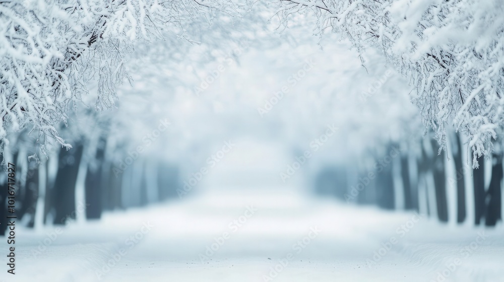 Winter's Embrace, a tranquil scene featuring a snow-laden tree archway leading into a softly blurred forest, evoking peace and stillness in nature's embrace. Winter's Embrace, a tranquil scene featuring a snow-laden tree archway leading into a softly blurred forest, evoking peace and stillness in nature's embrace.