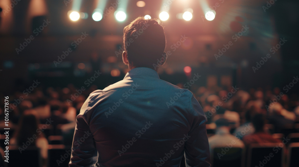 A successful entrepreneur presenting their story of overcoming challenges and achieving success at a global business conference. A successful entrepreneur presenting their story of overcoming challenges and achieving success at a global business conference.