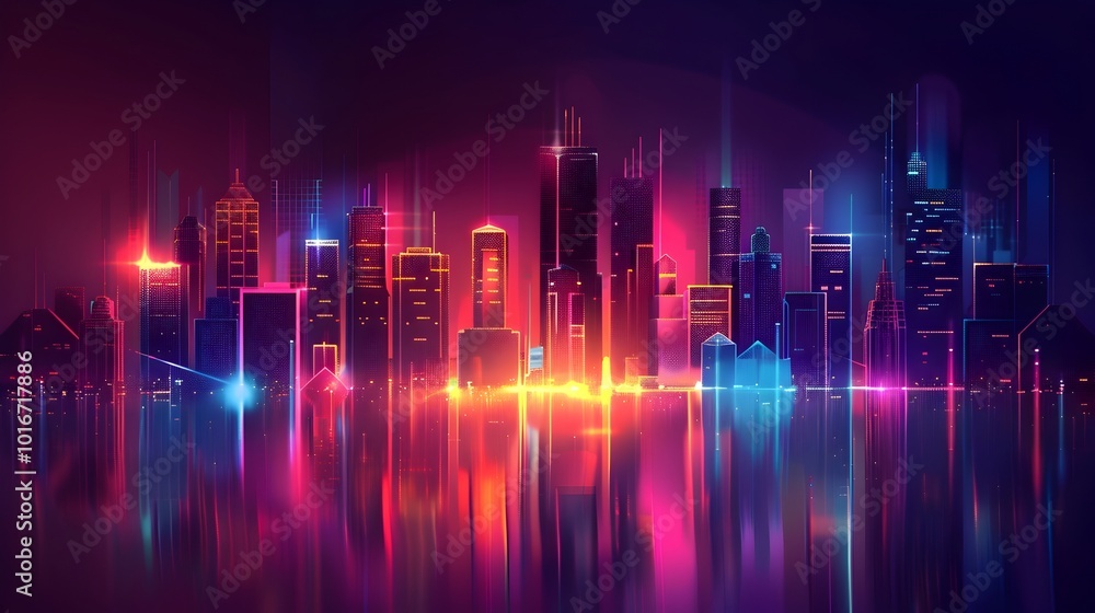 Glowing Neon City Skyline at Night with Vibrant Reflections Creating Futuristic Scene Glowing Neon City Skyline at Night with Vibrant Reflections Creating Futuristic Scene