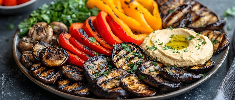 Vibrant Grilled Vegetable Platter with Assorted Mushrooms Peppers and Eggplant Served with Creamy Homemade Hummus A Delicious and Nutritious Vegetarian Appetizer or Meal Vibrant Grilled Vegetable Platter with Assorted Mushrooms Peppers and Eggplant Served with Creamy Homemade Hummus A Delicious and Nutritious Vegetarian Appetizer or Meal