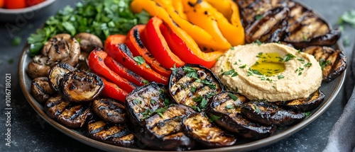 Vibrant Grilled Vegetable Platter with Assorted Mushrooms Peppers and Eggplant Served with Creamy Homemade Hummus A Delicious and Nutritious Vegetarian Appetizer or Meal