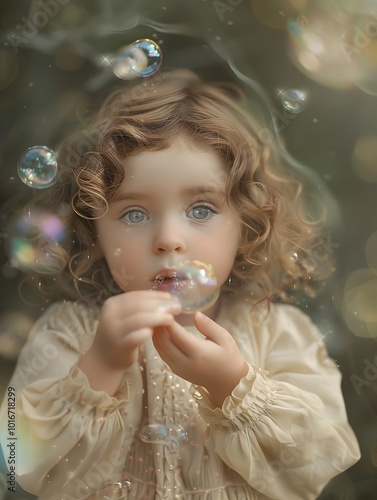 Enchanting Portrait of a Child Captivated by Shimmering Soap Bubbles in a Nostalgic Garden Setting photo