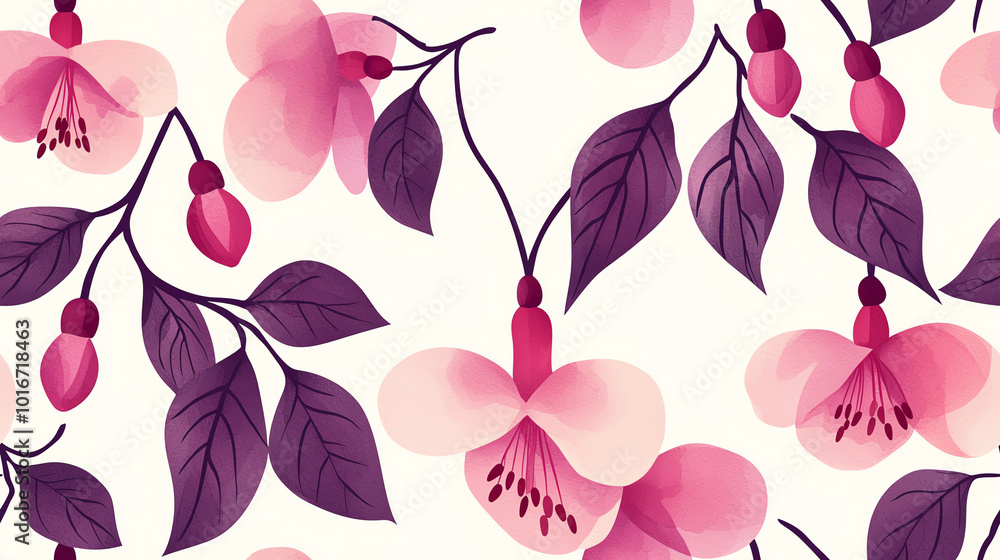 Fototapeta premium A delicate floral pattern featuring pink and purple blossoms with lush green leaves, perfect for backgrounds and textile designs.