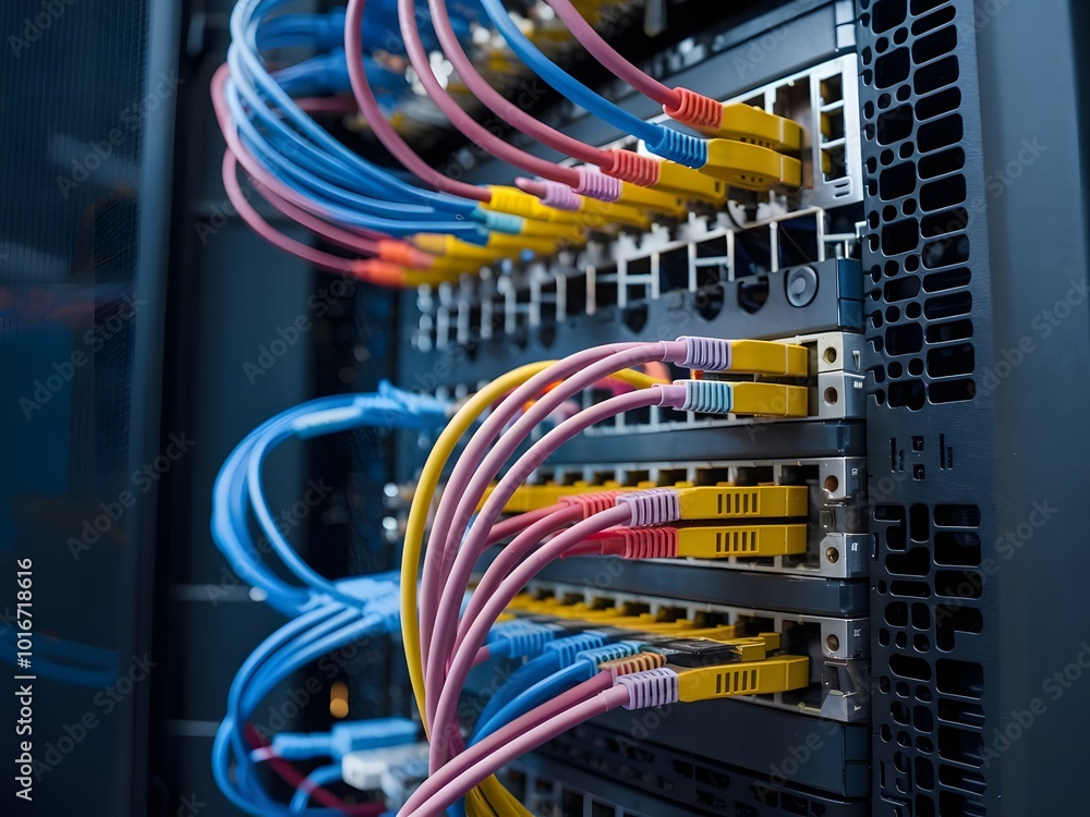 A photo of a close-up of network cables connected to a server. A photo of a close-up of network cables connected to a server.