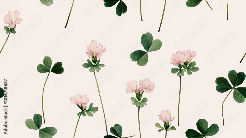 A seamless pattern featuring delicate pink flowers and vibrant green clovers on a soft beige background. A seamless pattern featuring delicate pink flowers and vibrant green clovers on a soft beige background.