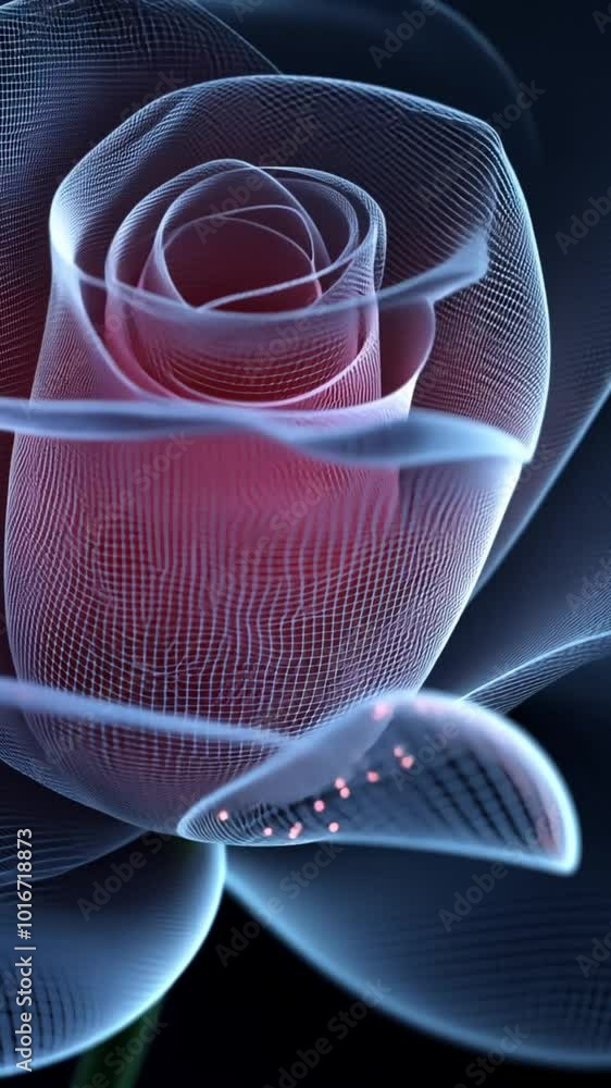 A digital representation of a rose with a wireframe design and glowing elements.