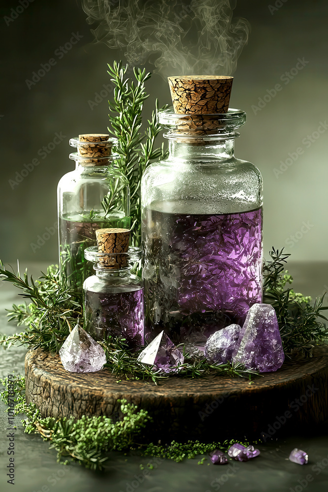 Natural healing setup with sage, essential oils, and crystals, holistic wellness, 3D illustration Natural healing setup with sage, essential oils, and crystals, holistic wellness, 3D illustration