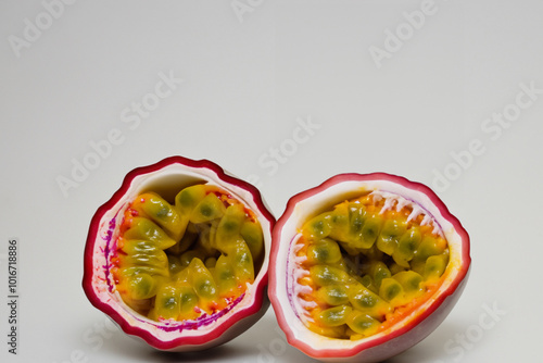 Passion fruit in gray on a. Healthy fresh sweet concept. Passion fruit in the form of halves on a gray. Passion fruit in the form of a heart shaped heart shaped heart with gray lifestyle and white. photo