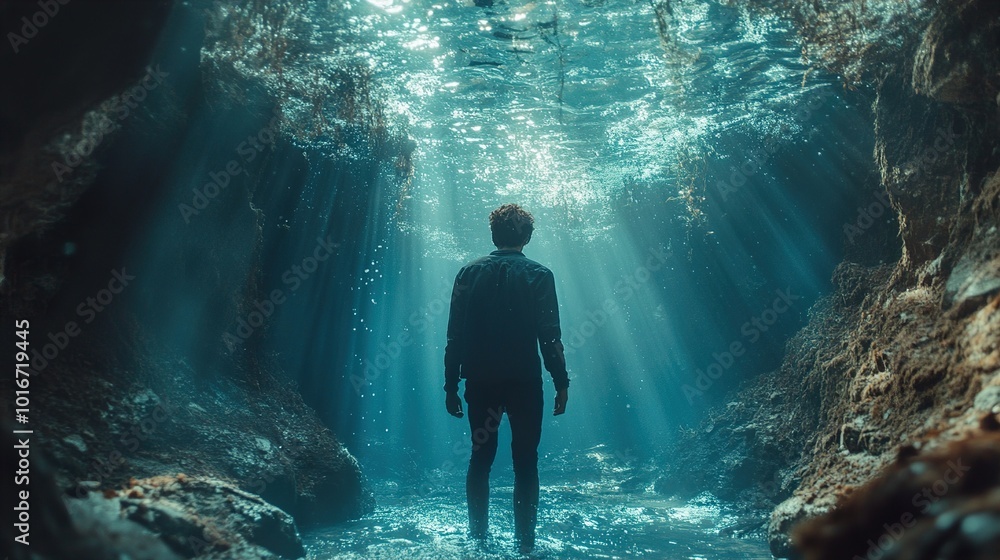 Man Standing in a Mystical Underwater Cave Man Standing in a Mystical Underwater Cave