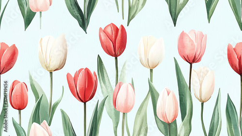 Wallpaper Mural A vibrant floral pattern featuring colorful tulips against a soft blue background, perfect for spring-themed designs. Torontodigital.ca