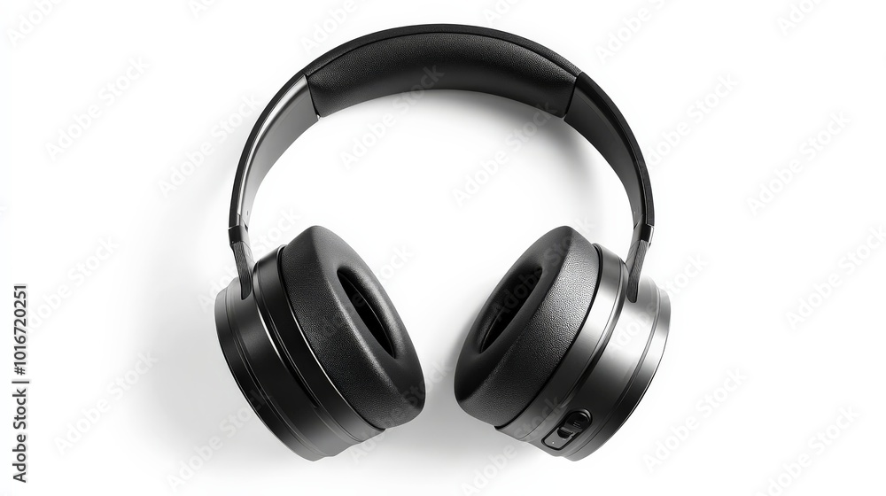 Black wireless over-ear headphones isolated on a white background. Modern audio equipment for music and sound experiences. Black wireless over-ear headphones isolated on a white background. Modern audio equipment for music and sound experiences.