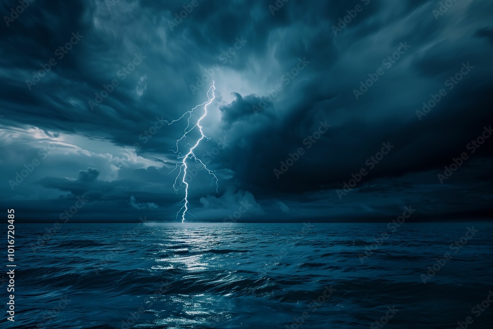 Naklejka premium Dramatic Lightning Strike Over Ocean Under Dark Stormy Clouds at Night