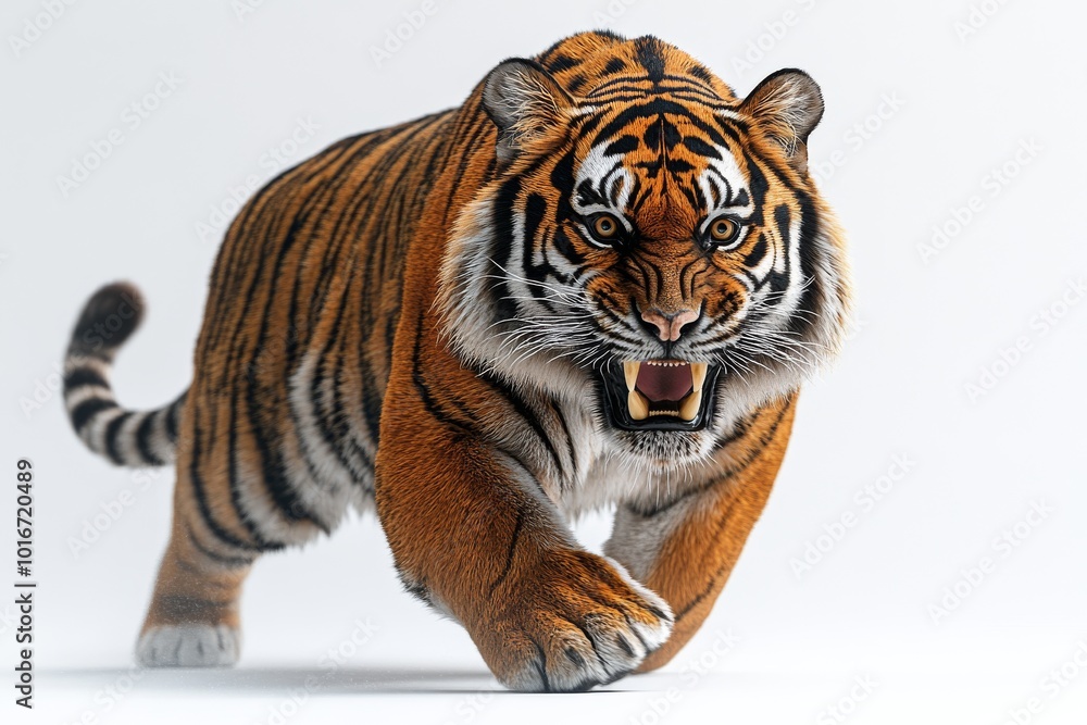 Obraz premium A saber-toothed tiger in a stalking pose, its elongated fangs prominent and muscles rippling