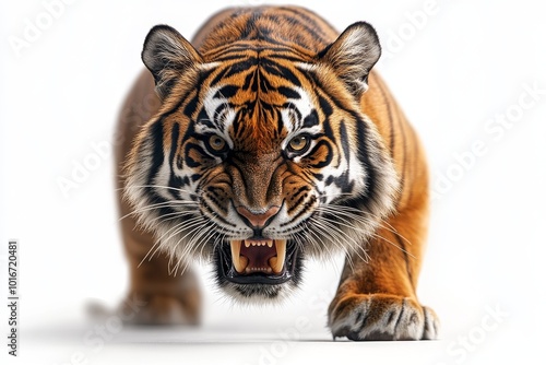 A saber-toothed tiger in a stalking pose, its elongated fangs prominent and muscles rippling photo