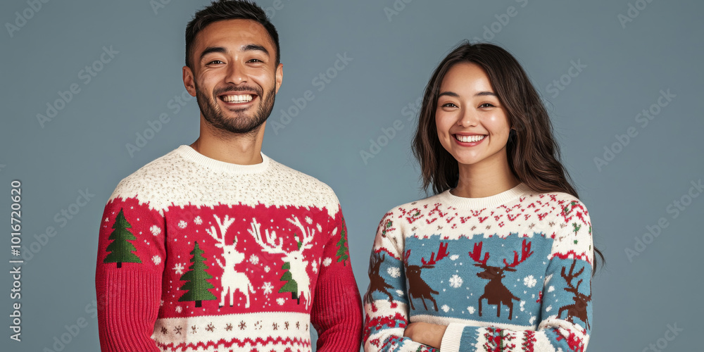 Smiling multiracial couple in ugly Christmas sweaters on festive background Smiling multiracial couple in ugly Christmas sweaters on festive background