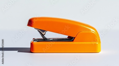 Bright orange stapler on a white background. Perfect for office, school supplies, and stationery themes in modern design. photo