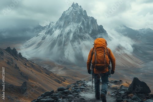 A lone hiker in an orange jacket ascends a rugged mountain trail, surrounded by mist and dramatic peaks. photo