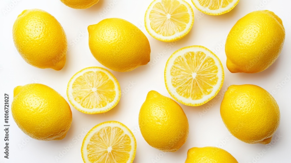 Bright yellow lemons and lemon slices on a white background, showcasing freshness and vibrant citrus appeal in a minimalist composition. Bright yellow lemons and lemon slices on a white background, showcasing freshness and vibrant citrus appeal in a minimalist composition.