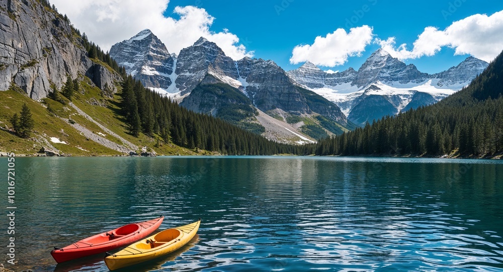 Mountain lake with kayaks and snowy peaks Mountain lake with kayaks and snowy peaks