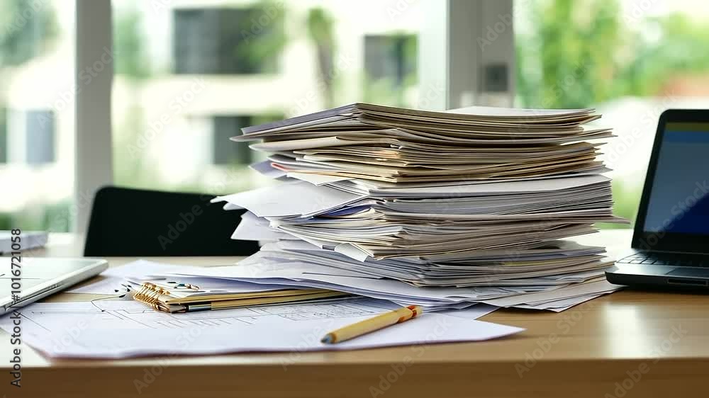 disorganized stack of papers and financial documents in an accounting workspace, highlighting the messiness and complexity of paperwork. Ample copy space is available for additional text or notes