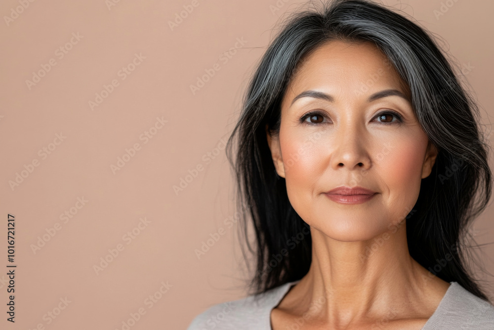 Portrait of middle-aged East Asian woman with neutral expression against plain background Portrait of middle-aged East Asian woman with neutral expression against plain background