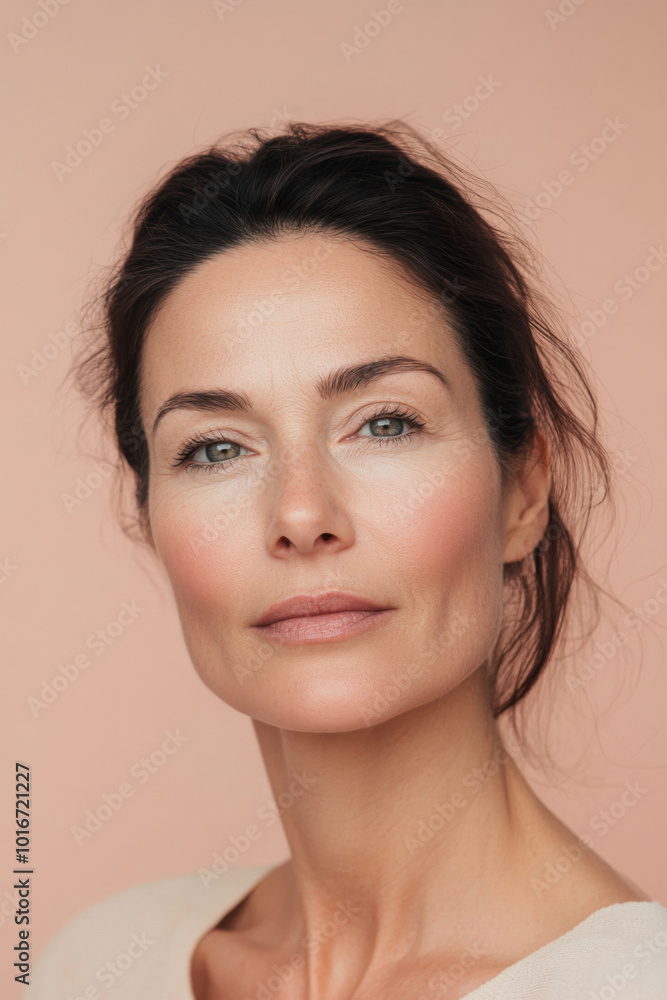 Portrait of serene middle age woman with brunette hair and light background Portrait of serene middle age woman with brunette hair and light background