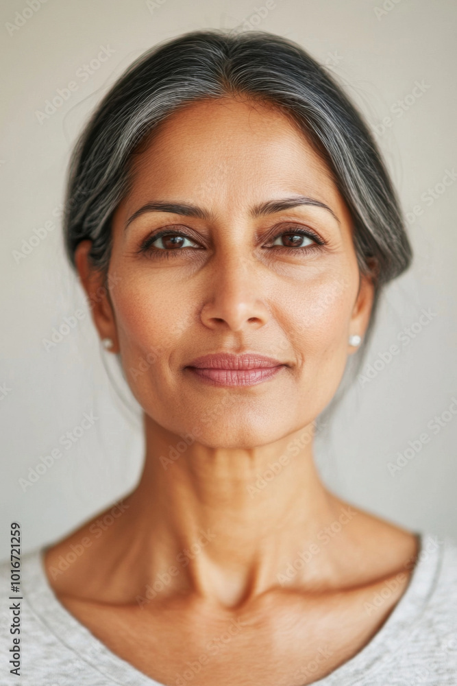 Portrait of middle-aged indian woman with long hair against neutral background Portrait of middle-aged indian woman with long hair against neutral background