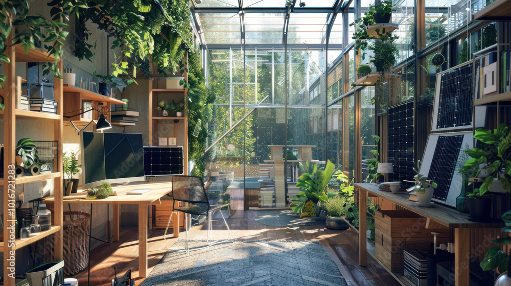 A sustainable workplace with eco-friendly materials, solar-powered workstations, and energy-efficient lighting designed to minimize environmental impact. A sustainable workplace with eco-friendly materials, solar-powered workstations, and energy-efficient lighting designed to minimize environmental impact.