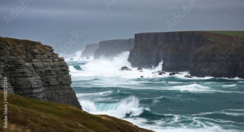 Muted gray rocky cliffs with crashing waves background