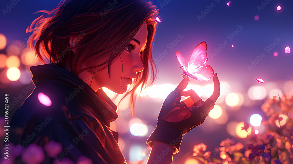 Portrait of a young cyberpunk woman, short red hair, admiring a glowing pink butterfly.