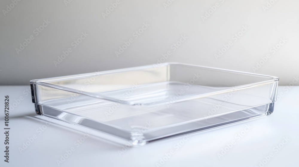 Clear acrylic storage tray on a white surface with soft lighting. Ideal for organizing office supplies and home essentials. Minimalistic design. Clear acrylic storage tray on a white surface with soft lighting. Ideal for organizing office supplies and home essentials. Minimalistic design.