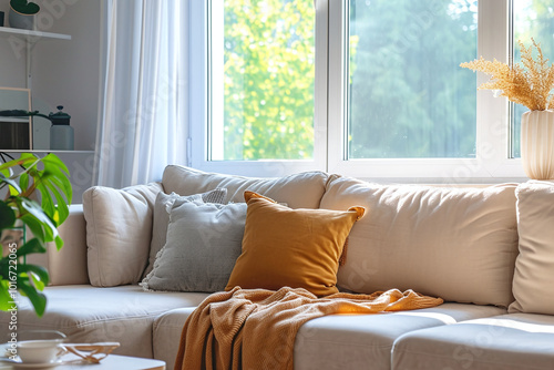 Modern living room with boho decoration. Loft home interior modern design, beige sofa with terra cotta pillows near window wall with copy space 