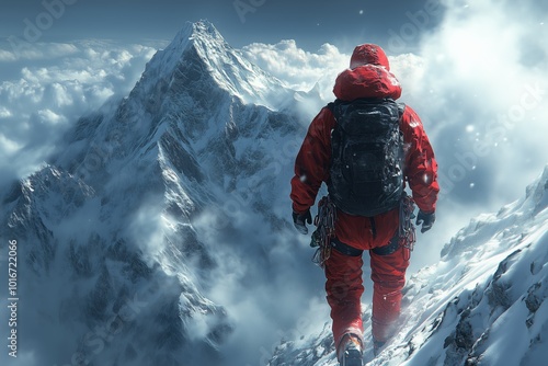 A climber in a red outfit stands atop a snowy mountain, surrounded by clouds and stunning alpine scenery. photo