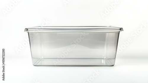 Clear transparent storage container with lid, perfect for organizing, on a plain white background, showcasing simplicity and functionality.